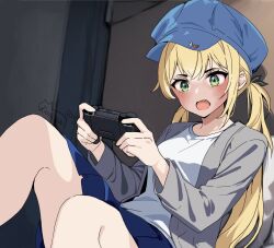 Rule 34 | 1girl, blonde hair, blue skirt, blush, controller, dokibird (vtuber), fang, feet out of frame, game controller, green eyes, grey jacket, holding, holding controller, holding game controller, indie virtual youtuber, indoors, jacket, kaniluvv, long hair, long sleeves, open clothes, open jacket, shirt, signature, sitting, skin fang, skirt, solo, twintails, virtual youtuber, white shirt