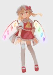 Rule 34 | 1girl, ascot, blonde hair, chicachang, collared shirt, flandre scarlet, frilled skirt, frilled sleeves, frills, full body, glowing, glowing eyes, glowing wings, grey background, hat, hat ribbon, highres, looking at viewer, mary janes, miniskirt, mob cap, one side up, red eyes, red footwear, red ribbon, red skirt, red vest, ribbon, shirt, shoes, short hair, skirt, thighhighs, touhou, vest, white hat, white thighhighs, wings, wrist cuffs, yellow ascot