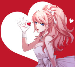 Rule 34 | 1girl, absurdres, alternate costume, bead necklace, beads, bear hair ornament, blonde hair, blue eyes, d:, danganronpa: trigger happy havoc, danganronpa (series), dress, earrings, enoshima junko, gloves, hair ornament, hand up, heart, highres, holding, holding heart, hy (fjvlg), jewelry, looking at viewer, necklace, open mouth, ponytail, red background, solo, teeth, upper teeth only, wedding dress, white background, white dress, white gloves