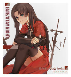 Rule 34 | 1girl, archer (fate), archer (fate) (cosplay), black hair, cosplay, fate/stay night, fate (series), female focus, gaier, green eyes, hair down, planted, planted sword, planted weapon, solo, sword, thighhighs, tohsaka rin, two side up, unlimited blade works (fate), weapon