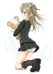 Rule 34 | 10s, 1girl, ass, bandaged head, bandages, black bow, black footwear, black hairband, blush, boko (girls und panzer), boots, bow, brown hair, commentary request, flipper, full body, girls und panzer, green jacket, green skirt, green socks, hair between eyes, hair bow, hairband, jacket, knee boots, kneehighs, kneeling, light brown hair, long hair, looking away, military, military uniform, hugging object, one side up, pleated skirt, profile, selection university military uniform, shimada arisu, skirt, socks, solo, stuffed animal, stuffed toy, teddy bear, uniform, white background