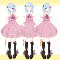 Rule 34 | 1girl, absurdres, black footwear, black socks, blue hair, boots, closed mouth, collared shirt, cross-laced footwear, dress, frilled dress, frilled shirt collar, frilled sleeves, frills, hair ornament, hair scrunchie, highres, kneehighs, lace-up boots, layered dress, multicolored hair, multiple views, open mouth, original, pigeon-toed, pink dress, pink scarf, pleated dress, polka dot, polka dot dress, purple eyes, scarf, scrunchie, sharp teeth, shirasu youichi, shirt, short sleeves, smile, socks, teeth, translation request, two-tone hair, white shirt