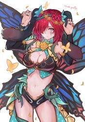 Rule 34 | 1girl, animal ears, bare shoulders, breasts, bug, butterfly, cleavage, commission, cowboy shot, detached sleeves, facial mark, fairy wings, fire emblem, fire emblem heroes, flower, gluteal fold, hair flower, hair ornament, hair over one eye, highres, insect, large breasts, looking at viewer, navel, nintendo, official alternate costume, petals, plant, purple eyes, r123, rabbit ears, rabbit pose, red hair, skeb commission, solo, thank you, thorns, triandra (fire emblem), triandra (spring) (fire emblem), vines, white background, wings