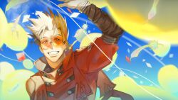 Rule 34 | 1boy, arm up, balloon, blonde hair, day, earrings, english text, falling feathers, feathers, glasses, grin, highres, jacket, jewelry, long sleeves, male focus, mole, mole under eye, orange-tinted eyewear, outdoors, red jacket, round eyewear, short hair, single earring, sky, smile, solo, teeth, thy tin, tinted eyewear, trigun, upper body, vash the stampede