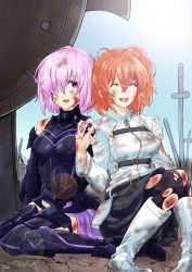 Rule 34 | 2girls, absurdres, after battle, bleeding, blood, boots, bruise, dirty, closed eyes, fate/grand order, fate (series), fujimaru ritsuka (female), hair over one eye, holding hands, highres, injury, interlocked fingers, light purple hair, mana (tsurubeji), mash kyrielight, multiple girls, open mouth, orange hair, pantyhose, smile, sunlight, sword, thighhighs, torn clothes, torn legwear, weapon