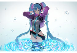Rule 34 | 1girl, aqua eyes, aqua necktie, arms behind head, arms up, bare hips, belt, belt pouch, black thighhighs, blue hair, breasts, closed mouth, competition swimsuit, glitch, glowing, gradient background, grey background, grey one-piece swimsuit, hatsune miku, headphones, highres, jacket, kasoku souchi, letterboxed, long hair, long sleeves, looking at viewer, medium breasts, necktie, one-piece swimsuit, open clothes, open jacket, pouch, purple jacket, ripples, sidelocks, solo, standing, swimsuit, swimsuit under clothes, thighhighs, twintails, very long hair, vocaloid, water, water drop