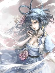 Rule 34 | 1girl, belt, black belt, blue dress, blue eyes, blue hair, breasts, cleavage, collarbone, collared vest, commentary request, dress, earrings, eyelashes, flower, hair flower, hair ornament, hair rings, hair stick, highres, jewelry, kaku seiga, koshi (koshi vortex), long hair, medium breasts, open clothes, open vest, parted lips, puffy short sleeves, puffy sleeves, red lips, ribbon, shawl, short sleeves, solo, touhou, upper body, vest, white ribbon, white vest