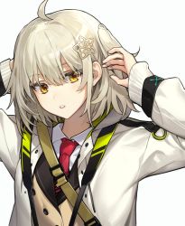 Rule 34 | 1girl, 900 (gb 900), ahoge, arknights, bad id, bad pixiv id, hair ornament, hairclip, hands in hair, highres, infection monitor (arknights), jacket, necktie, one side up, red necktie, scene (arknights), simple background, solo, white background, white jacket, yellow eyes