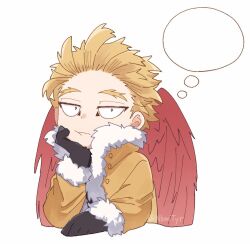 Rule 34 | 1boy, black gloves, blank thought bubble, blonde hair, boku no hero academia, brown jacket, closed mouth, feathered wings, fur-trimmed jacket, fur trim, gloves, hawks (boku no hero academia), head rest, jacket, long sleeves, looking at viewer, male focus, nbmtyr, red wings, short hair, simple background, solo, thought bubble, twitter username, upper body, white background, wings