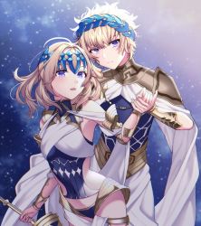 Rule 34 | 1boy, 1girl, armlet, armor, artist request, bad id, bad pixiv id, bare shoulders, black shirt, blonde hair, blue eyes, blush, bracer, breasts, brother and sister, castor (fate), closed mouth, collar, diadem, fate/grand order, fate (series), faulds, halterneck, highres, holding hands, looking at viewer, medium hair, metal collar, open mouth, pauldrons, pollux (fate), robe, shirt, short hair, shoulder armor, siblings, sky, small breasts, star (sky), starry sky, sword, twins, weapon, white robe