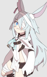 Rule 34 | 1girl, animal ears, bandage over one eye, bandages, blue eyes, gloves, highres, little witch nobeta, long hair, monica (little witch nobeta), open mouth, rabbit ears, sharp teeth, silver hair, smile, solo, supershiruco, tabard, teeth, white tabard