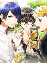 Rule 34 | 10s, 3boys, :d, :t, amamiya ren, bag, baozi, bench, biting, black-framed eyewear, black eyes, black hair, black jacket, blonde hair, blue eyes, blue hair, blush, boy sandwich, brown eyes, building, burger, buttons, carrying, closed mouth, cup, day, eating, eyelashes, eyes visible through hair, fang, fingernails, food, french fries, gakuran, glasses, grass, highres, holding, holding food, iyutani, jacket, kitagawa yuusuke, light particles, long sleeves, looking at viewer, male focus, multiple boys, open mouth, outdoors, paper bag, pavement, persona, persona 5, profile, sakamoto ryuuji, sandwiched, school uniform, school yard, smile, stairs, tongue, tree, tree shade, upper body, wrapper
