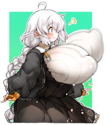 Rule 34 | 1girl, ahoge, blue eyes, blush, bouncing breasts, braid, breasts, covered erect nipples, fingerless gloves, gigantic breasts, gloves, grey hair, jacket, kizuna akari, long hair, open clothes, open jacket, orange gloves, sachito, smile, solo, unaligned breasts, voiceroid