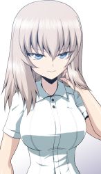 Rule 34 | 1girl, absurdres, blouse, blue eyes, closed mouth, collared shirt, commentary request, girls und panzer, hand in own hair, highres, itsumi erika, kamishima kanon, looking at viewer, medium hair, partial commentary, school uniform, shirt, short sleeves, silver hair, simple background, smile, solo, summer uniform, upper body, white background, white shirt, wing collar
