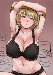 Rule 34 | 1girl, armpits, arms up, ashley graham, bed, black bra, black panties, blonde hair, blush, bob cut, bra, breasts, capcom, cleavage, clothes lift, full-face blush, huge breasts, lingerie, lips, navel, no pants, panties, resident evil, resident evil 4, sgk, shiny skin, shirt lift, short hair, sitting, smile, solo, sweat, sweater, sweater lift, torogao, underwear, underwear only, undressing, yellow eyes