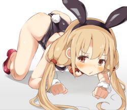 Rule 34 | 10s, 1girl, all fours, animal ears, ass, bare shoulders, blonde hair, blush, brown eyes, rabbit ears, rabbit tail, commentary request, fake animal ears, futaba anzu, high heels, idolmaster, idolmaster cinderella girls, leotard, long hair, looking at viewer, low twintails, mirakichi, playboy bunny, solo, sweat, tail, top-down bottom-up, twintails, wrist cuffs