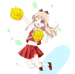 Rule 34 | 1girl, arm up, bare shoulders, blonde hair, blush, brown footwear, cheerleader, commentary request, jumping, long hair, looking at viewer, mearian, midriff, one eye closed, open mouth, pleated skirt, pom pom (cheerleading), red skirt, skirt, sleeveless, solo, toshinou kyouko, yuru yuri