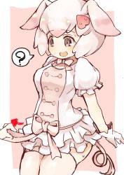 Rule 34 | 10s, 1girl, ?, @ @, animal ears, bad id, bad twitter id, bow, bowtie, commentary request, dress, gloves, highres, kemono friends, neck ribbon, pig (kemono friends), pig ears, pig nose, pig tail, pink hair, pleated dress, puffy short sleeves, puffy sleeves, ribbon, short hair, short sleeves, solo, spoken question mark, sweatdrop, tail, teranekosu, thighhighs, zettai ryouiki