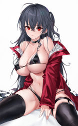 Rule 34 | 1girl, ahoge, antenna hair, azur lane, bare shoulders, bikini, black bikini, black choker, black hair, black thighhighs, breasts, choker, cleavage, closed mouth, commentary, covered erect nipples, crossed bangs, emyo, hair between eyes, halterneck, highres, jacket, large breasts, long hair, long sleeves, looking at viewer, multi-strapped bikini bottom, multi-strapped bikini top, navel, off-shoulder jacket, off shoulder, official alternate costume, one side up, open clothes, open jacket, race queen, red eyes, red jacket, simple background, sitting, skindentation, solo, stomach, strap gap, string bikini, swimsuit, taihou (azur lane), taihou (enraptured companion) (azur lane), thigh strap, thighhighs, thighs, very long hair, white background