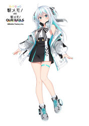 Rule 34 | 1girl, ahoge, aqua nails, bare shoulders, black bow, black skirt, blue hair, bow, character request, closed mouth, commentary request, copyright notice, full body, green eyes, grey footwear, grey jacket, hair between eyes, hair bow, headphones, headphones around neck, high-waist skirt, jacket, komori kuzuyu, long sleeves, looking at viewer, multicolored hair, nail polish, off shoulder, official art, open clothes, open jacket, puffy long sleeves, puffy sleeves, shirt, shoes, silver hair, simple background, skirt, sleeveless, sleeveless shirt, sleeves past wrists, smile, socks, solo, station memories, striped, striped bow, two-tone hair, two side up, watermark, white background, white shirt, white socks