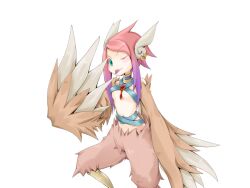 Rule 34 | 1girl, bird legs, blue choker, blush, breasts, brown feathers, brown wings, choker, earrings, feather hair, feathered wings, feathers, frfr, game cg, gradient hair, green eyes, harpy, jewelry, looking at viewer, mon-musu quest!, monster girl, multicolored hair, navel, non-web source, one eye closed, pink hair, purple hair, reina (mon-musu quest!), short hair with long locks, sidelocks, small breasts, solo, tongue, tongue out, transparent background, winged arms, wings