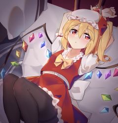 Rule 34 | 1girl, bdsm, bed, bedroom, black pantyhose, blonde hair, blouse, bondage, bound, bound arms, bow, crystal, cuffs, ddt (darktrident), dress, flandre scarlet, hair between eyes, handcuffs, hands up, hat, hat ribbon, looking at viewer, mob cap, on bed, pantyhose, pillow, red bow, red eyes, red ribbon, ribbon, shirt, short hair, short sleeves, skirt, solo, touhou, white shirt, wings