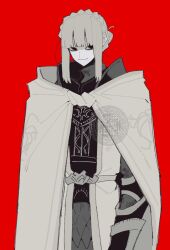 1girl armor armor_under_clothes black_armor blonde_hair braid cloak crown_braid elden_ring elden_ring:_shadow_of_the_erdtree knight needle_knight_leda ornate ornate_armor red_background shoulder_armor simple_background solo white_cloak xx_asui