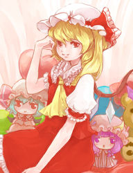 Rule 34 | 1girl, ascot, blonde hair, character doll, flandre scarlet, gradient background, hand on own face, hat, hat ribbon, heart, light smile, lips, looking at viewer, ma nyan (nyao mao nyao), mob cap, patchouli knowledge, puffy short sleeves, puffy sleeves, red eyes, remilia scarlet, ribbon, short hair, short sleeves, side ponytail, sitting, skirt, skirt set, solo, stuffed animal, stuffed toy, teddy bear, touhou, wings