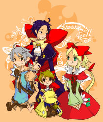 Rule 34 | 1girl, 3boys, :q, ahoge, allegretto, bad id, bad pixiv id, beat, beat (trusty bell), beige background, black hair, blonde hair, cape, clovercandy, dress, expressionless, frederic chopin, green eyes, multiple boys, orange background, polka, polka (trusty bell), red dress, shaded face, short hair, simple background, smile, sweatdrop, tongue, tongue out, trusty bell