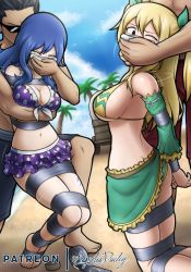 Rule 34 | 2girls, 3boys, absurdres, arms behind back, ass, bare shoulders, barefoot, bdsm, beach, belly, bikini, blonde hair, blue hair, bound, breasts, brown eyes, chloroform, cleavage, collarbone, drugged, closed eyes, fairy tail, feet, gag, highres, holding, improvised gag, juvia lockser, kidnapped, kidnapping, large breasts, long hair, looking at another, looking back, lucy heartfilia, magnolia-baillon, midriff, multiple boys, multiple girls, navel, one eye closed, sand, sideboob, sweat, swimsuit, tape, tape bondage, tape gag, tattoo
