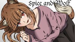 Rule 34 | 1girl, absurdres, animal ear fluff, animal ears, blush, breasts, brown hair, collarbone, collared shirt, commentary, english commentary, english text, grey legwear, highres, holo, long hair, long sleeves, looking at viewer, medium breasts, purple skirt, red eyes, shippaidayo, shirt, skirt, solo, spice and wolf, tail, white background, wolf ears, wolf girl, wolf tail