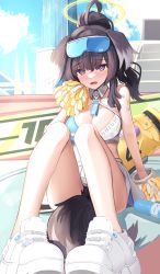 Rule 34 | 1girl, absurdres, ahoge, animal ears, bare legs, black hair, blue archive, blush, bottle, breasts, cleavage, crop top, daran9, day, dog ears, dog tail, full body, goggles, goggles on head, hair between eyes, halo, hibiki (blue archive), hibiki (cheer squad) (blue archive), highres, holding, holding pom poms, knees up, large breasts, long hair, looking at viewer, millennium cheerleader outfit (blue archive), open mouth, pom pom (cheerleading), pom poms, ponytail, purple eyes, shoes, shoulder tattoo, sidelocks, sitting, skirt, solo, star tattoo, tail, tattoo, white skirt