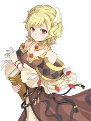 Rule 34 | 1girl, bare shoulders, blonde hair, book, brown dress, citrinne (fire emblem), dress, earrings, feather hair ornament, feathers, fire emblem, fire emblem engage, gold choker, gold trim, hair ornament, highres, holding, holding book, hoop earrings, itakama, jewelry, leather wrist straps, mismatched earrings, nintendo, red eyes, solo, wing hair ornament