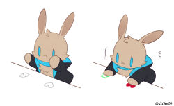 Rule 34 | absurdres, animal, animal ears, arknights, black jacket, buttons, closed mouth, commentary, english commentary, highres, jacket, lemon raimu, meme, multiple views, no nose, open clothes, open jacket, pressing, rabbit, rabbit ears, simple background, smile, twitter username, upper body, white background