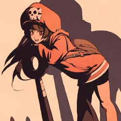 Rule 34 | 1girl, anchor, black shorts, brown bag, brown eyes, brown hair, cowboy shot, from side, guilty gear, guilty gear strive, huge weapon, jacket, large hat, leaning forward, leaning on object, long hair, looking at viewer, may (guilty gear), moshimoshibe, nose, open mouth, orange headwear, orange jacket, shorts, silhouette, skull and crossbones, solo, weapon