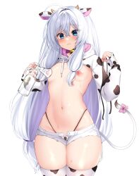 Rule 34 | 1girl, ahoge, animal ears, animal print, bell, bikini, unworn bikini top, black bikini, black hairband, blue eyes, blush, bow, breast pump, breasts, closed mouth, cow ears, cow horns, cow print, cow tail, drawstring, fake animal ears, fake tail, fingerless gloves, gloves, hairband, highres, holding, horns, jingle bell, long hair, long sleeves, low twintails, maze yuri, micro bikini, milking machine, navel, neck bell, open fly, pink bow, short shorts, shorts, shrug (clothing), simple background, skindentation, small breasts, soulworker, stella unibell, stomach, sweat, swimsuit, tail, tail bow, tail ornament, thigh gap, thighhighs, topless, twintails, very long hair, white background, white gloves, white hair, white shorts, white thighhighs