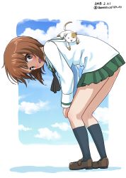 Rule 34 | 10s, 1girl, :3, absurdres, animal, animal on back, black neckerchief, black socks, blouse, blue socks, brown eyes, brown footwear, brown hair, cat, cloud, cloudy sky, commentary request, dated, day, from behind, from side, girls und panzer, green skirt, hands on own knees, highres, leaning forward, loafers, logo, long sleeves, looking at viewer, looking back, miniskirt, neckerchief, nishizumi miho, one-hour drawing challenge, ooarai school uniform, open mouth, outside border, pleated skirt, school uniform, serafuku, shadow, shiina excel, shirt, shoes, short hair, skirt, sky, smile, socks, solo, standing, twitter username, white shirt