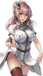 Rule 34 | 1girl, :d, belt, belt buckle, black belt, black gloves, blue eyes, breast pocket, breasts, brown hair, buckle, buttons, cowboy shot, dress, fingerless gloves, gloves, hair between eyes, highres, kantai collection, kokuzou, large breasts, long hair, open mouth, pocket, red thighhighs, saratoga (kancolle), saratoga mk ii (kancolle), short sleeves, side ponytail, simple background, smile, solo, thighhighs, white background, white dress
