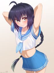 Rule 34 | 1other, absurdres, ahoge, androgynous, armpits, arms up, black hair, blue sailor collar, blue skirt, blush, braid, braided ponytail, brown eyes, crop top, fate/samurai remnant, fate (series), guriguri (arayotto4351), highres, long hair, looking at viewer, midriff, miniskirt, navel, neckerchief, pleated skirt, sailor collar, shirt, short sleeves, sidelocks, skirt, smile, solo, white shirt, yamato takeru (fate)