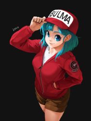 Rule 34 | 1girl, absurdres, adjusting clothes, adjusting headwear, baseball cap, black background, blue eyes, blue hair, breasts, brown shorts, bulma, capsule corp, character name, dragon ball, dragon ball (classic), hat, highres, horang4628, jacket, long sleeves, looking at viewer, red jacket, shirt, shorts, simple background, smile, solo, white shirt, zipper pull tab