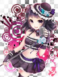 Rule 34 | 1girl, bad id, bad tinami id, bare shoulders, black hair, black thighhighs, blush, checkered background, choker, cowboy shot, fingerless gloves, flower, frills, gloves, hat, hat flower, highres, lace, lace-trimmed legwear, lace trim, looking at viewer, microphone, midriff, nail polish, navel, nunucco, original, purple eyes, ribbon, rose, short hair, skirt, smile, solo, strapless, thighhighs, tube top, white flower, white rose