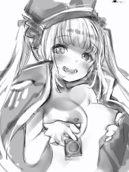 Rule 34 | 1girl, :d, bad id, bad pixiv id, blunt bangs, blush, breasts, coat, condom, condom wrapper, female focus, greyscale, hat, highres, holding, holding condom, jacket, jacket on shoulders, kagura gumi, kagura mea, large breasts, long hair, looking at viewer, monochrome, naked coat, nanashi (nlo), nipples, open mouth, simple background, sketch, smile, solo, twintails, upper body, virtual youtuber, white background