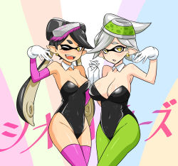Rule 34 | + +, 2girls, :o, ;d, adapted costume, alternate costume, bare shoulders, black leotard, blush, breasts, brown eyes, callie (splatoon), cleavage, covered navel, detached collar, earrings, elbow gloves, fang, female focus, gloves, green legwear, holding hands, inkling, jewelry, large breasts, leotard, long hair, looking at viewer, marie (splatoon), medium breasts, mole, mole on breast, mole under eye, multiple girls, nintendo, one eye closed, open mouth, pantyhose, pink legwear, playboy bunny, pointy ears, short hair, smile, splatoon (series), splatoon 1, standing, strapless, strapless leotard, tentacle hair, thighhighs, translated, white gloves, wink, zaxwu