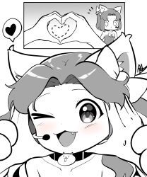 Rule 34 | 1boy, 1girl, absurdres, animal ears, animal hands, blush, bow, bowtie, cat (nyanko daisensou), cat ears, cat paws, fang, grey eyes, hands on another&#039;s face, heart, heart hands, highres, jewelry, looking at viewer, microphone, moneko (nyanko daisensou), monochrome, necklace, notice lines, nyanko daisensou, one eye closed, signature, smile, surprised, user ktrx7538