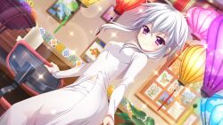 Rule 34 | 1girl, ahoge, breasts, chair, closed mouth, dot nose, dress, dutch angle, film grain, game cg, grey hair, hand on chair, ichijou ruka, indoors, izumi tsubasu, lens flare, long sleeves, looking at viewer, medium breasts, non-web source, object request, official art, picture frame, purple eyes, re:stage!, see-through, see-through skirt, short hair with long locks, skirt, smile, solo, sparkle, vietnamese dress, white dress