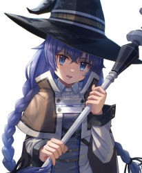 Rule 34 | 1girl, :d, absurdres, black hat, black ribbon, blue eyes, blue hair, braid, brown cape, cape, collared shirt, floating hair, hair between eyes, hair ribbon, hat, highres, holding, holding staff, long hair, long sleeves, looking at viewer, mushoku tensei, open mouth, ribbon, roxy migurdia, shirt, smile, solo, staff, twin braids, tyasuzu, upper body, very long hair, white background, white shirt, wing collar, witch hat