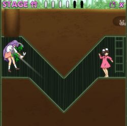 Rule 34 | 2girls, ahoge, animal ears, bamboo, bamboo forest, barefoot, brown footwear, brown hair, carrot necklace, closed mouth, commentary request, dress, fake ad, forest, full body, gameplay mechanics, inaba mob (touhou), inaba tewi, jewelry, ladder, loafers, long hair, long sleeves, lunatic gun, medium bangs, multiple girls, nature, necklace, parody, pink dress, pink skirt, purple hair, rabbit, rabbit ears, rabbit girl, red eyes, reisen udongein inaba, shirosato, shirt, shoes, short hair, skirt, smile, socks, touhou, underground, very long hair, white shirt, white socks