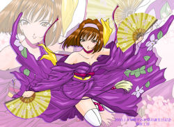 Rule 34 | 00s, 1girl, bare shoulders, blush, breasts, brown eyes, brown hair, cherry blossoms, choker, cleavage, flower, folding fan, hairband, hand fan, japanese clothes, kanzaki sumire, kimono, kneeling, low neckline, medium breasts, mole, mole under eye, sakura taisen, short hair, smile, solo, thighhighs, translation request, zoom layer