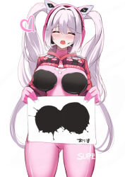 1girl alice_(nikke) animal_ear_headphones animal_ears blush bodysuit breasts fake_animal_ears gloves goddess_of_victory:_nikke headphones headset impossible_bodysuit impossible_clothes jacket kurono_suzuran large_breasts latex latex_bodysuit long_hair open_mouth pink_bodysuit pink_gloves pink_headphones shrug_(clothing) skin_tight smile solo twintails white_hair