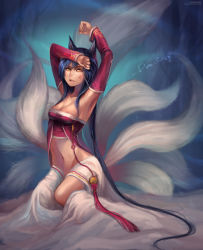 Rule 34 | 1girl, ahri (league of legends), animal ears, armpits, arms up, black hair, breasts, cleavage, dansearl, facial mark, fingernails, fox ears, highres, korean clothes, league of legends, long hair, looking at viewer, midriff, multiple tails, navel, open mouth, sharp fingernails, sitting, solo, tail, very long hair, whisker markings, yellow eyes, yokozuwari